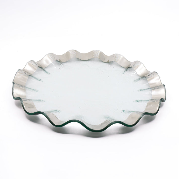 Ruffle round platter with a Platinum band on a white background.