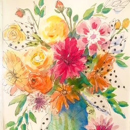Colorful floral arrangement with watercolor textures.
