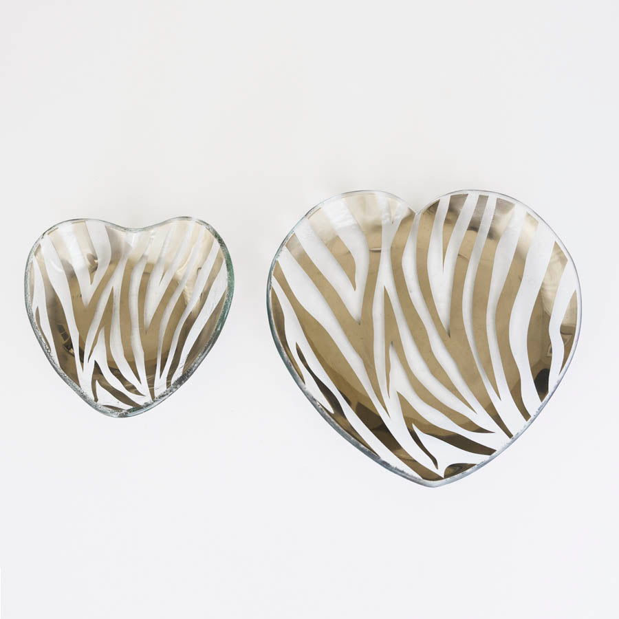 Annieglass Zebra Hearts in platinum side by side in two sizes, 5" heart bowl and 7" heart plate