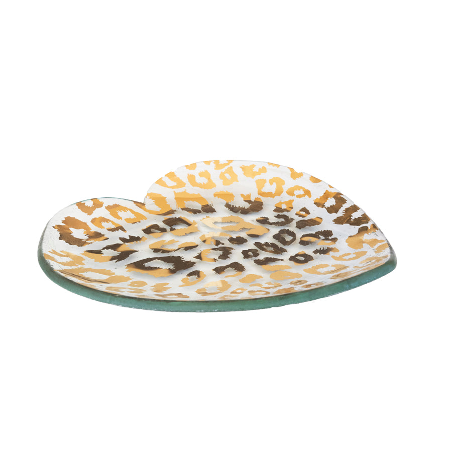 side view of the Annieglass glass heart plate with 24k gold cheetah pattern