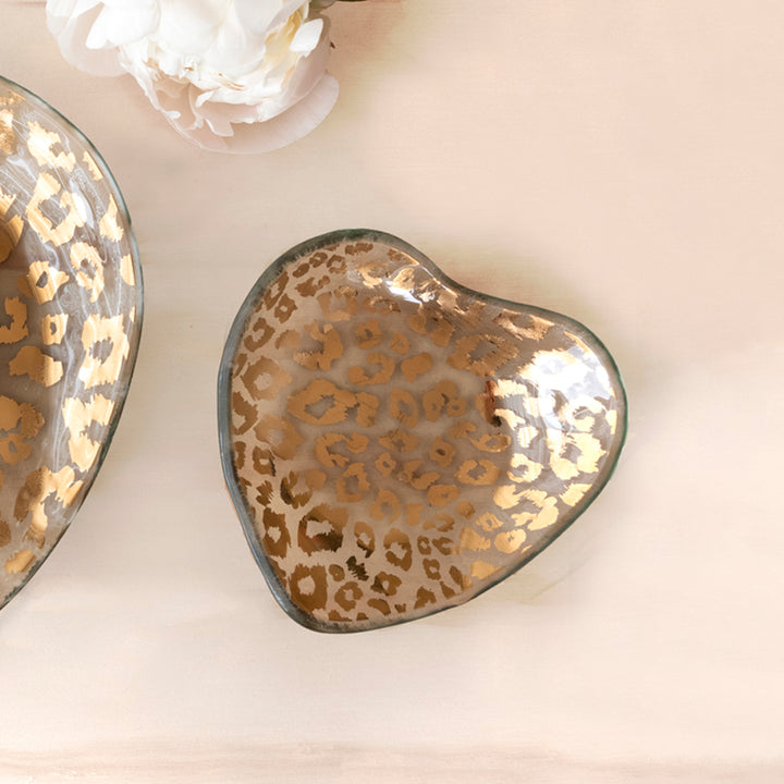 Glass Heart Plate with 24k gold cheetah pattern, handmade in the USA
