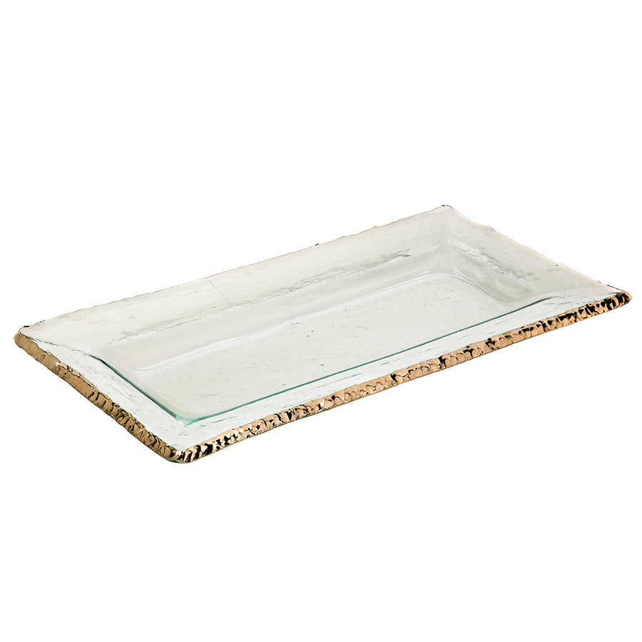 Annieglass glass rectangular tray for serving, platinum edge