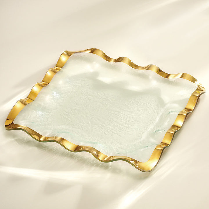 Ruffle Square Tray, gold band, glass serving pieces