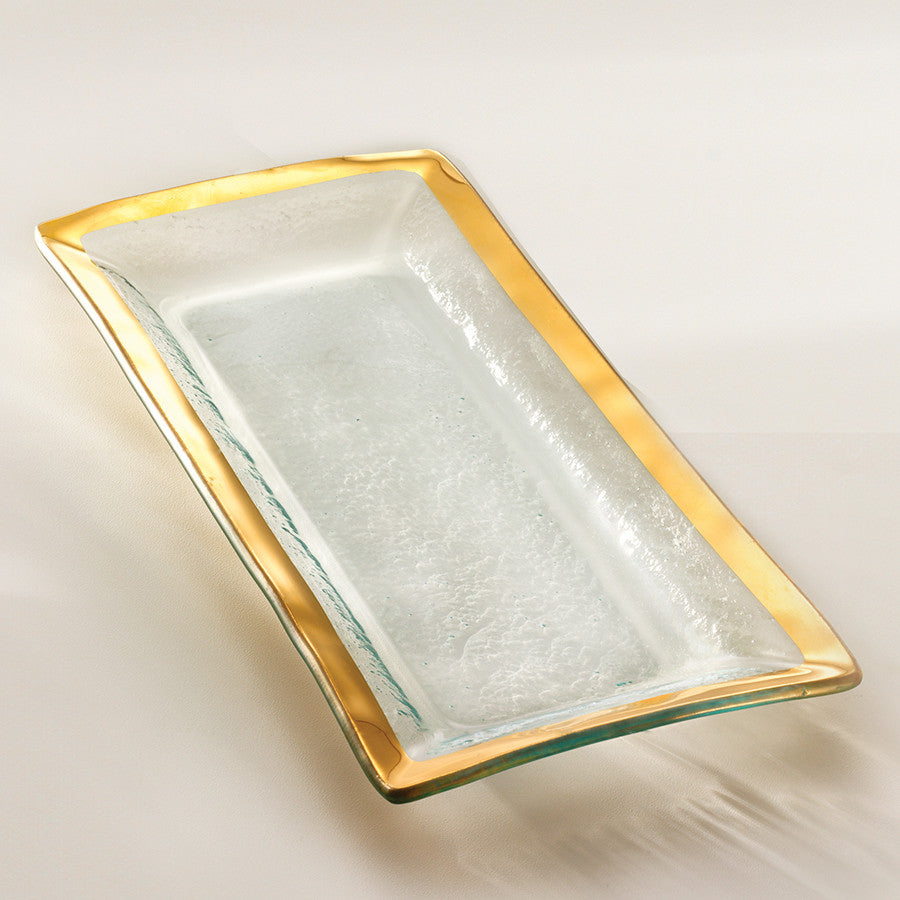 glass appetizer tray with a 24k gold band