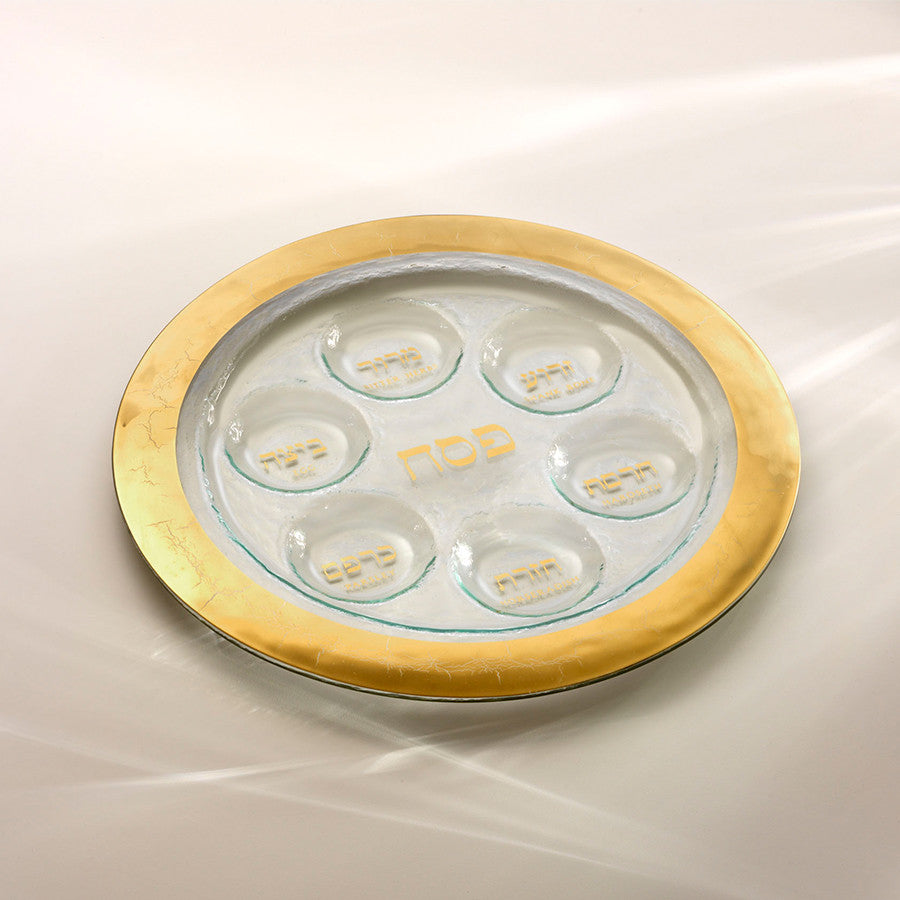 Jewish Seder plate, glass platter with 24k gold band