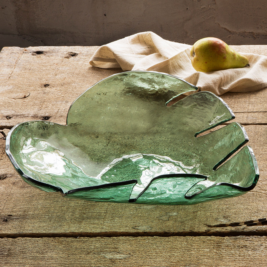 Large Handmade Green Glass Palm Frond Bowls, Leaves by Annieglass