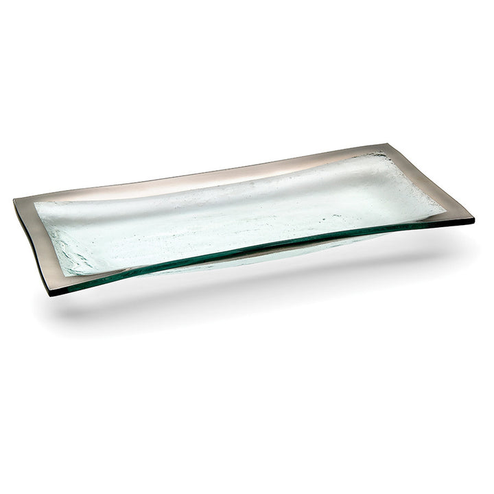 Glass rectangular serving tray used for olives or appetizers, platinum band
