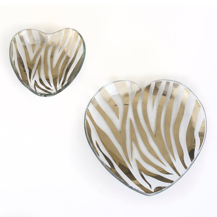 Annieglass Zebra Hearts in two sizes, 5" heart bowl and 7" heart plate